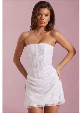 Oh Polly White Strapless Beaded Mini Dress